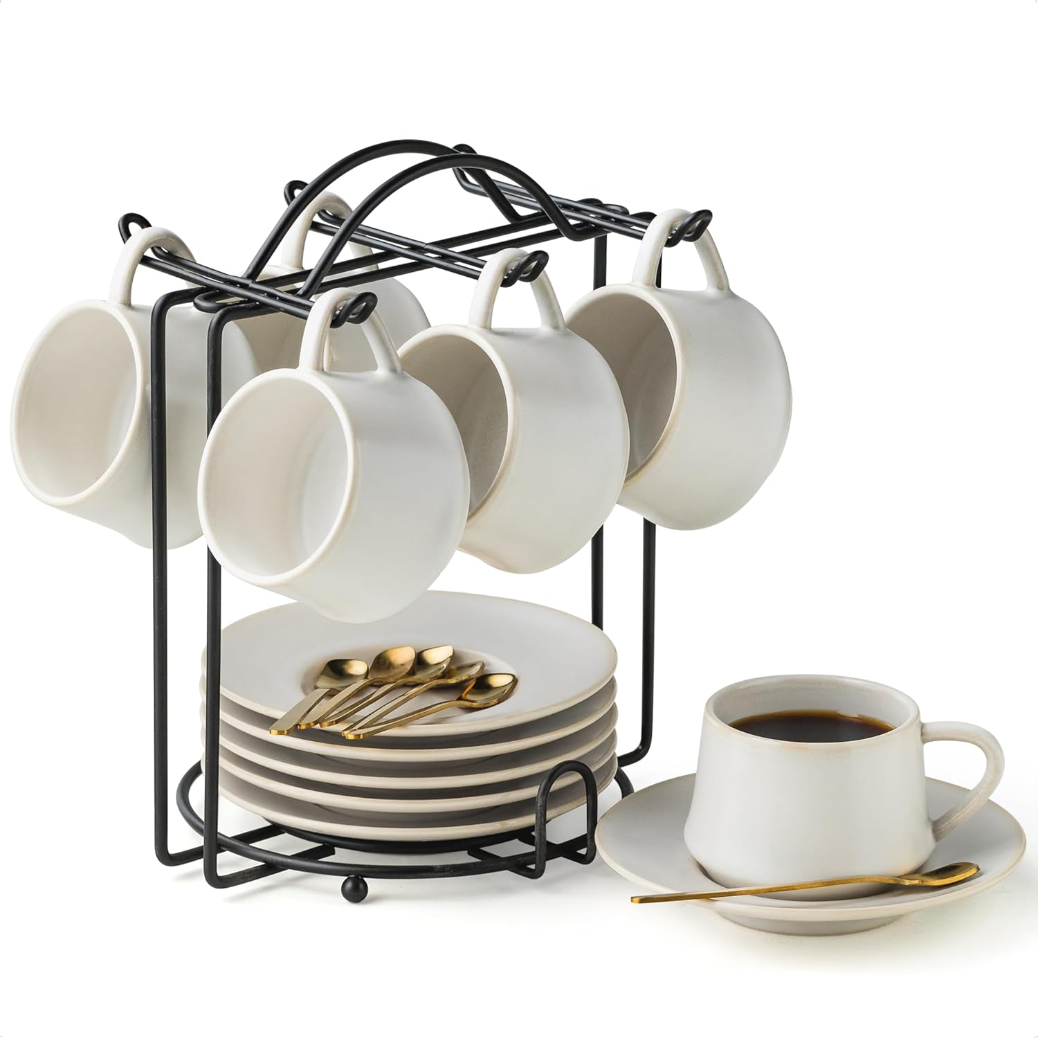 YHOSSEUN Espresso Cups with Saucers and Metal Stand